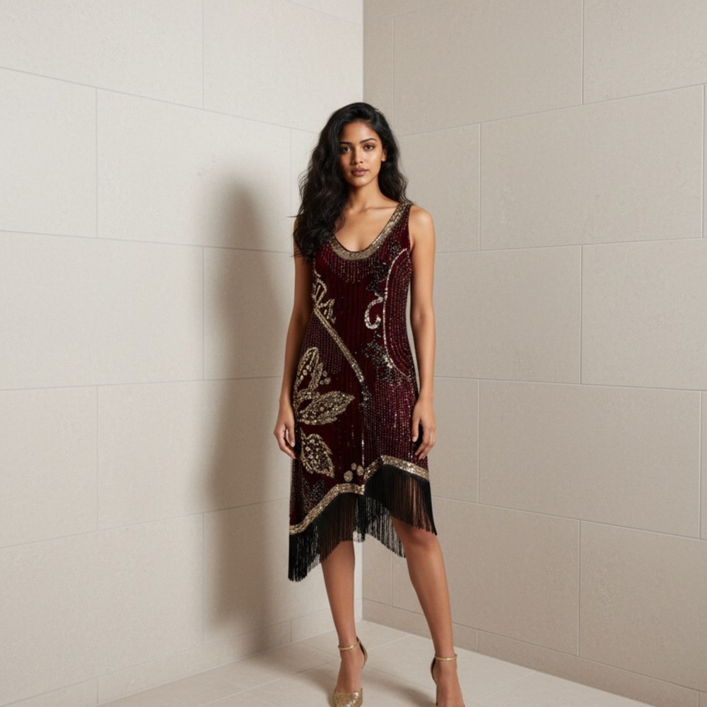 Elegant Burgundy and Gold Beaded Dress